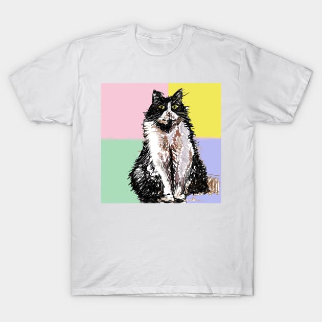 Tuxedo Cat Cute Drawing - on Pastel Rainbow T-Shirt by SarahRajkotwala